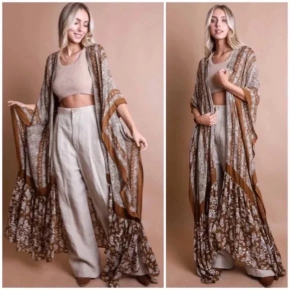 SOLD OUT Brown Paisley Tapestry Free Flow Kimono Open Duster Coverup Wrap Top - Picture 1 of 4